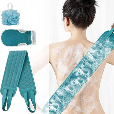 Complete exfoliating set with back scrubber, bath glove & loofah sponge. Smooth, cleanse & refresh skin for a spa-like shower.