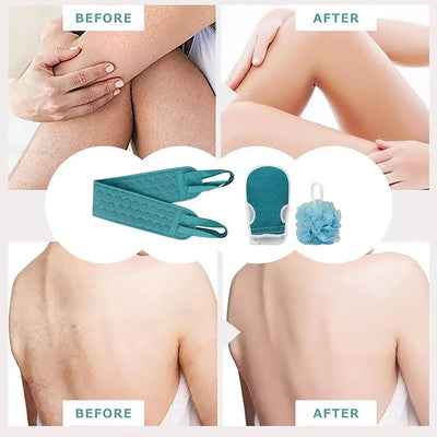 Complete exfoliating set with back scrubber, bath glove & loofah sponge. Smooth, cleanse & refresh skin for a spa-like shower.