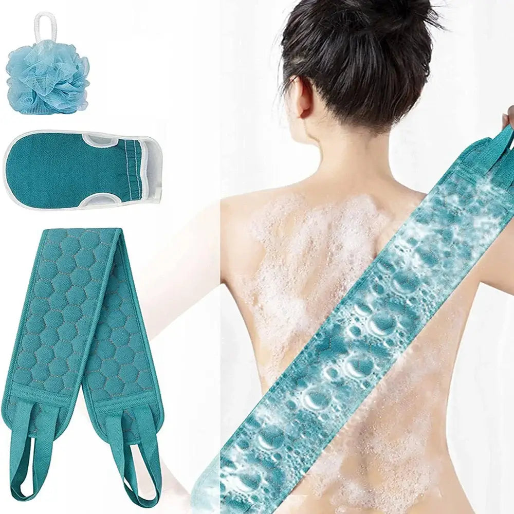 Complete exfoliating set with back scrubber, bath glove & loofah sponge. Smooth, cleanse & refresh skin for a spa-like shower.
