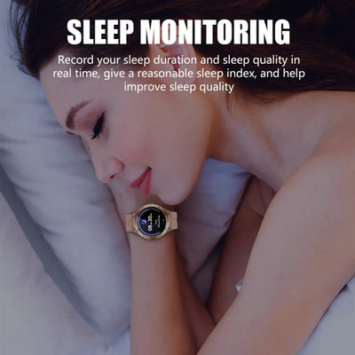 Frost Glow Cosmetics 1.28" HD fitness tracker smartwatch with health monitoring, sports modes & IP67 waterproof design.