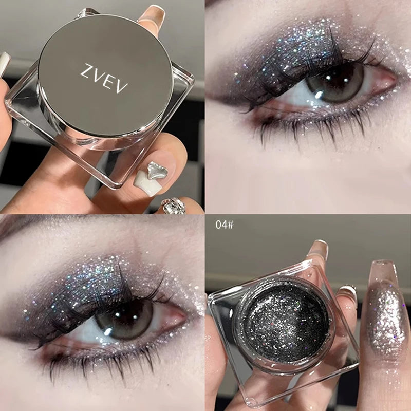 Close-up of shimmery gel eyeshadow in silver shades, with a model featuring sparkling eye makeup.