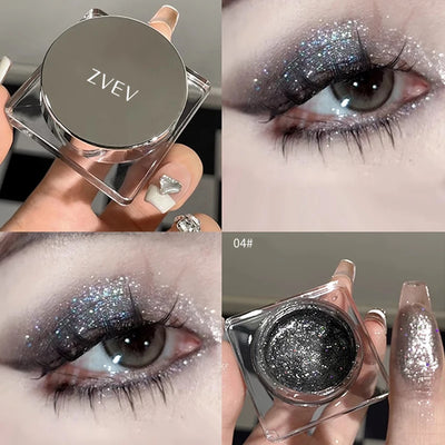 Close-up of shimmery gel eyeshadow in silver shades, with a model featuring sparkling eye makeup.