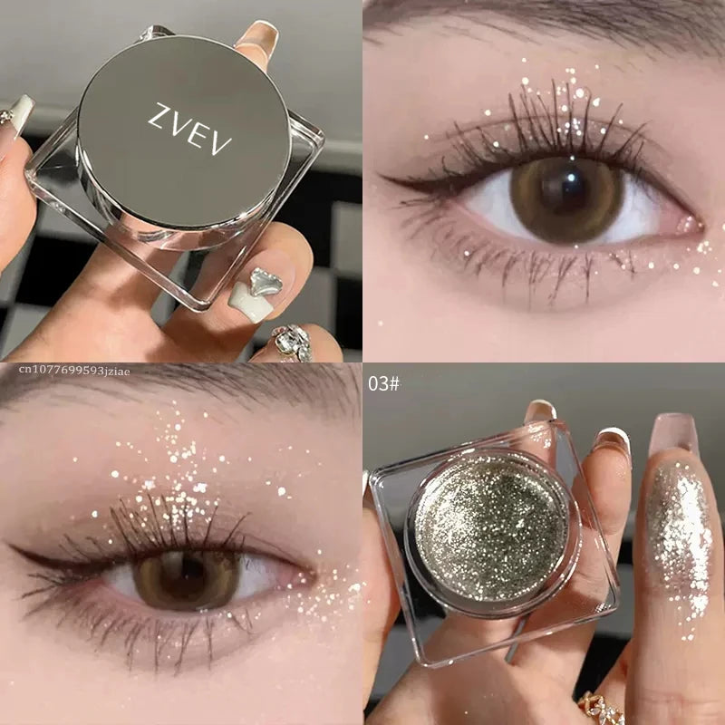 Close-up of shimmery gel eyeshadow in silver shades, with a model featuring sparkling eye makeup.