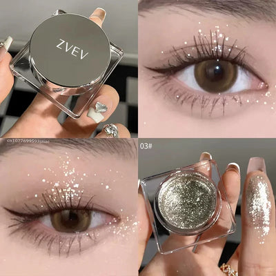 Close-up of shimmery gel eyeshadow in silver shades, with a model featuring sparkling eye makeup.