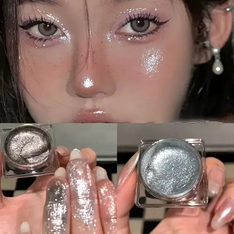 Close-up of shimmery gel eyeshadow in silver shades, with a model featuring sparkling eye makeup.