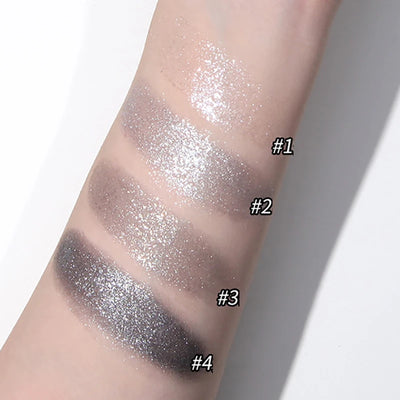 Close-up of shimmery gel eyeshadow in silver shades, with a model featuring sparkling eye makeup.