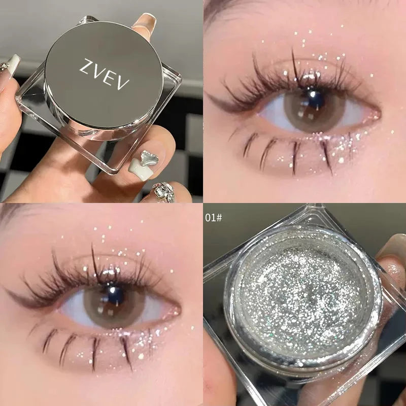Close-up of shimmery gel eyeshadow in silver shades, with a model featuring sparkling eye makeup.