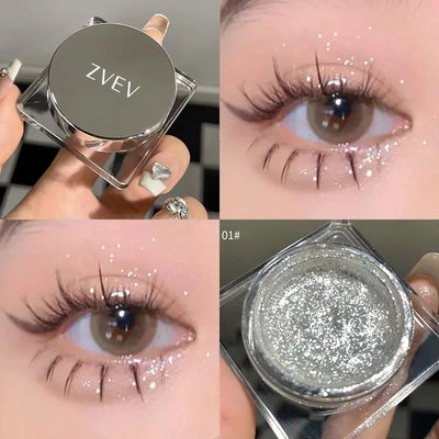 Close-up of shimmery gel eyeshadow in silver shades, with a model featuring sparkling eye makeup.