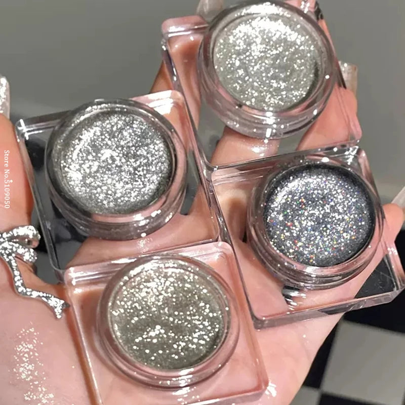 Close-up of shimmery gel eyeshadow in silver shades, with a model featuring sparkling eye makeup.