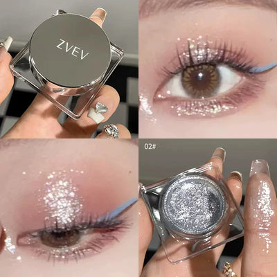Close-up of shimmery gel eyeshadow in silver shades, with a model featuring sparkling eye makeup.