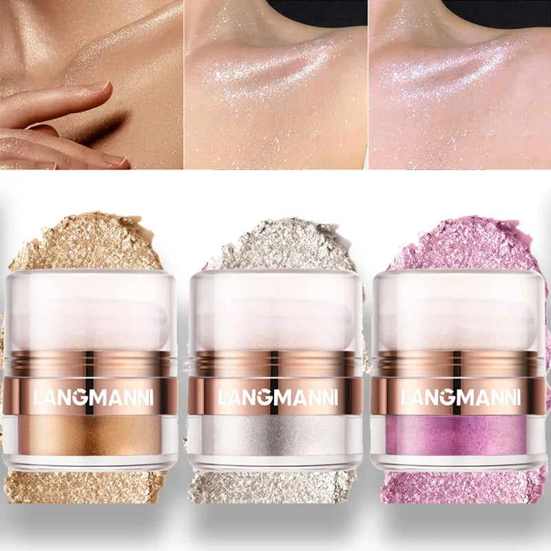 Frost Glow Cosmetics glitter highlighter powder. Diamond glow, pearlescent shimmer for face & body. Long-lasting luminous makeup finish.