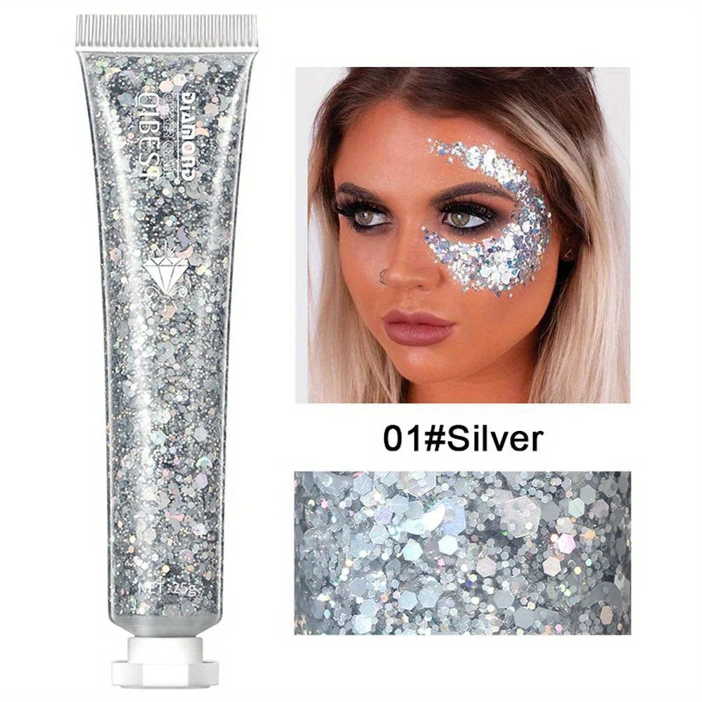 Collage of glamorous Halloween makeup featuring glitter tubes and creative face designs by Frost Glow Cosmetics.