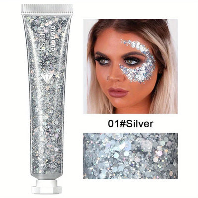 Collage of glamorous Halloween makeup featuring glitter tubes and creative face designs by Frost Glow Cosmetics.