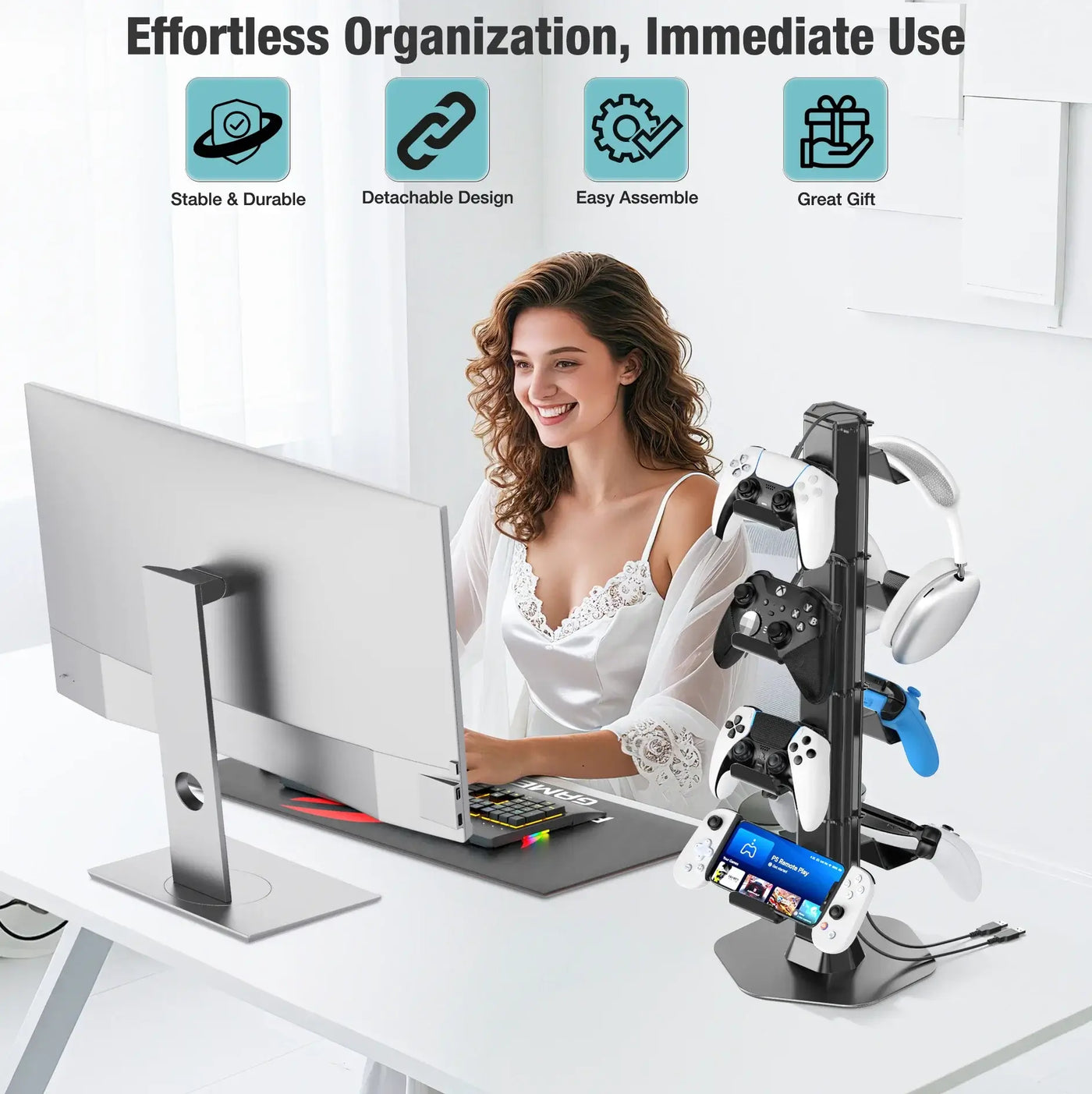 Organize your gaming setup with Frost Glow Cosmetics universal controller & headset holder. Fits Xbox, PS5, PS4, Switch & more.