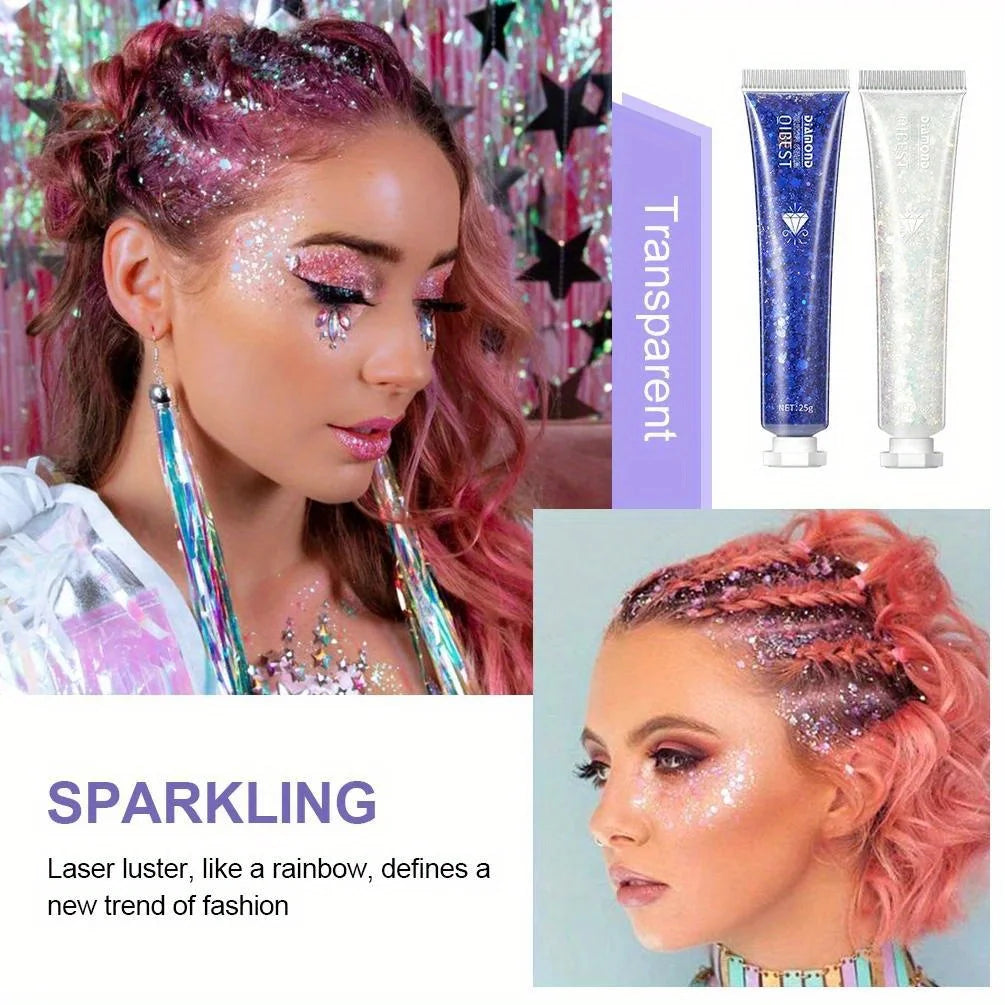 Collage of glamorous Halloween makeup featuring glitter tubes and creative face designs by Frost Glow Cosmetics.