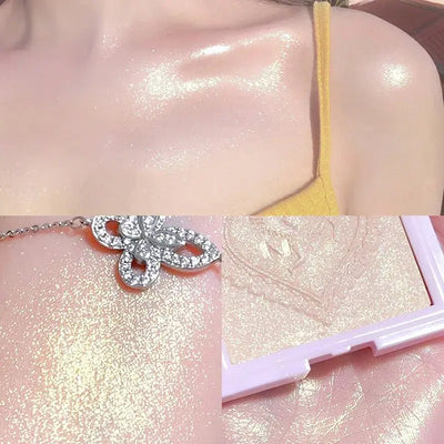 Frost Glow Cosmetics Diamond Shimmer Highlighter shades with swatches and model, showcasing radiant glow and shimmering effect.