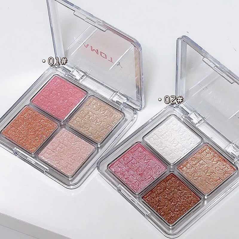 Frost Glow Cosmetics Highlighter Powder Palette showcasing shimmer shades and swatches on skin for a radiant glow.