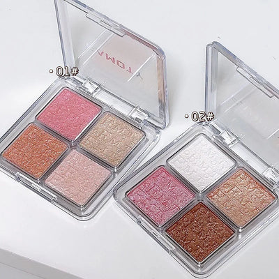 Frost Glow Cosmetics Highlighter Powder Palette showcasing shimmer shades and swatches on skin for a radiant glow.