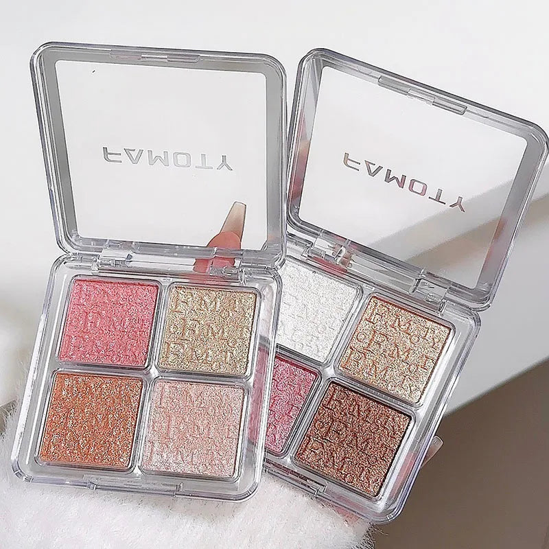 Frost Glow Cosmetics Highlighter Powder Palette showcasing shimmer shades and swatches on skin for a radiant glow.