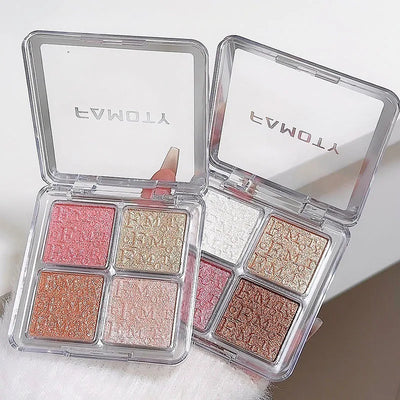 Frost Glow Cosmetics Highlighter Powder Palette showcasing shimmer shades and swatches on skin for a radiant glow.