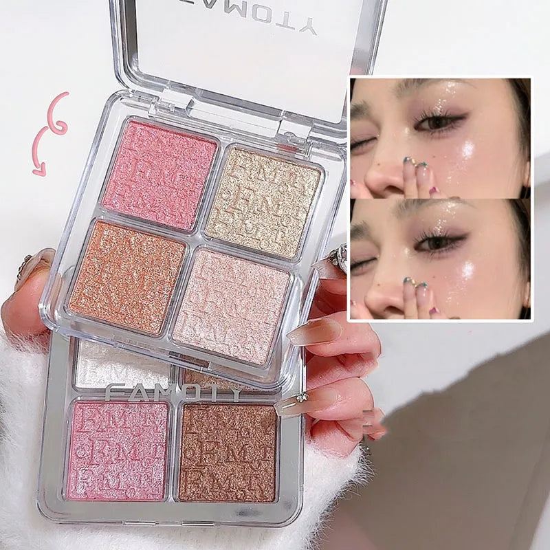 Frost Glow Cosmetics Highlighter Powder Palette showcasing shimmer shades and swatches on skin for a radiant glow.