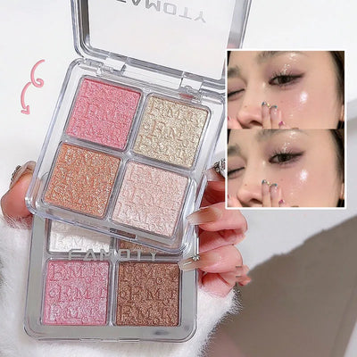 Frost Glow Cosmetics Highlighter Powder Palette showcasing shimmer shades and swatches on skin for a radiant glow.