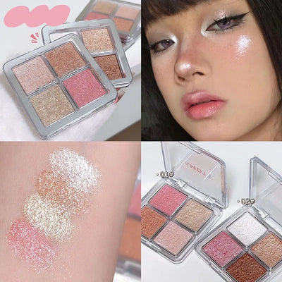 Frost Glow Cosmetics Highlighter Powder Palette showcasing shimmer shades and swatches on skin for a radiant glow.