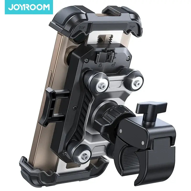 Frost Glow Cosmetics Joyroom motorcycle phone holder. Anti-vibration mount for 4.7–7" phones, secure handlebar bike accessory.