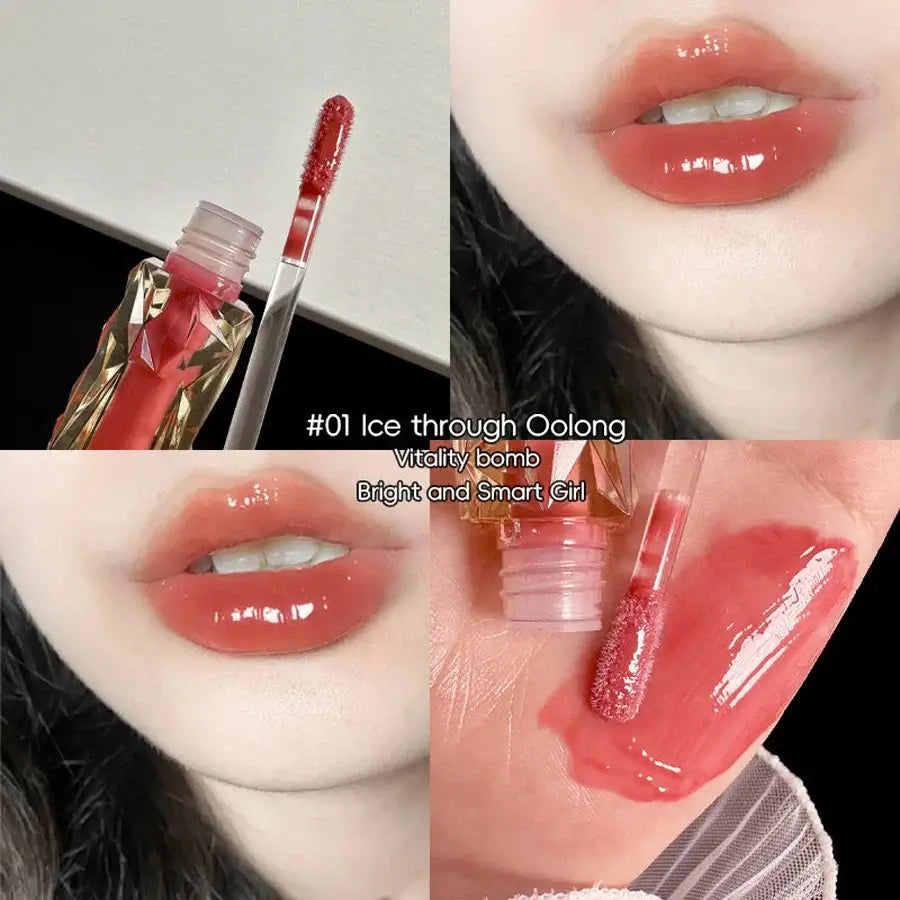 Frost Glow Cosmetics Transparent Lip Gloss delivers mirror-like shine, hydration & waterproof wear. Long-lasting, non-sticky glassy lips.