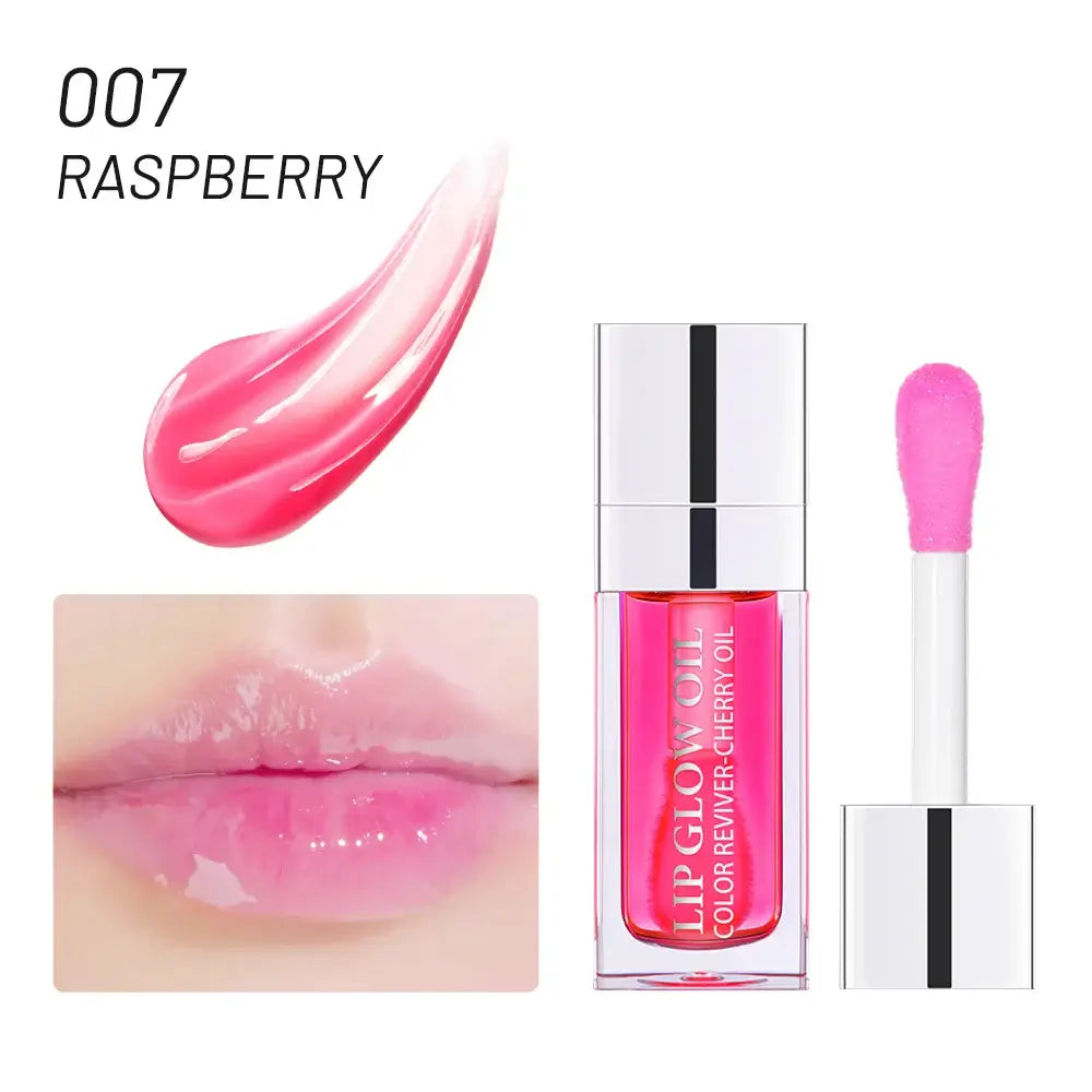 Frost Glow Cosmetics lip oil balms in pink, coral, and berry shades on a pink background.