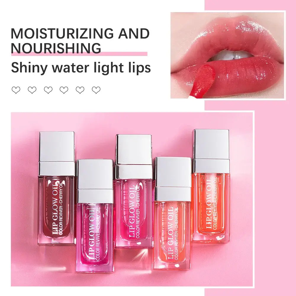 Frost Glow Cosmetics lip oil balms in pink, coral, and berry shades on a pink background.