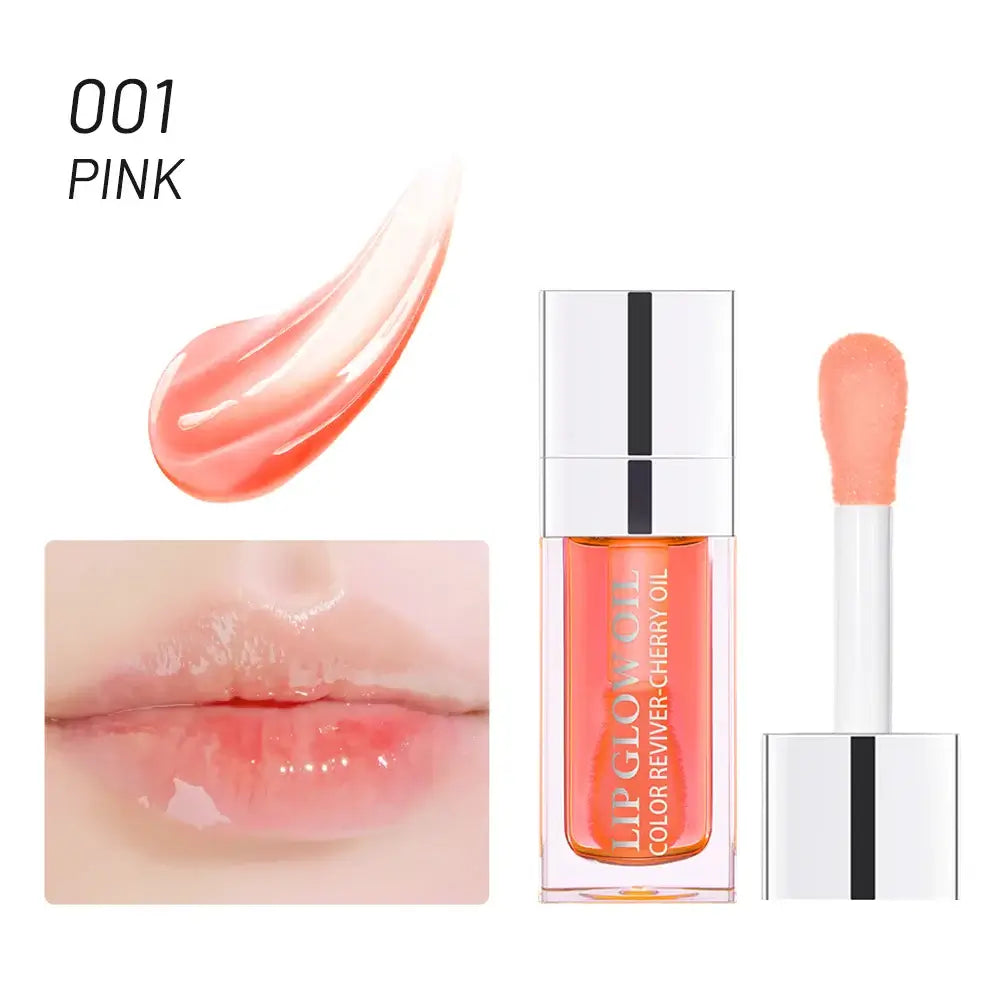 Frost Glow Cosmetics Lip Oil Balm in Pink shade, showcasing glossy finish and nourishing texture, applied on lips.