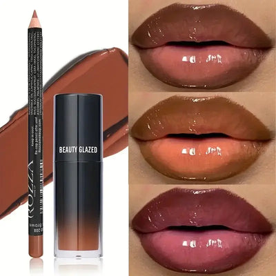 Frost Glow Cosmetics 2pcs lip liner & lip oil set. Waterproof, long-lasting, moisturizing, and plumping lip combo for perfect lips.