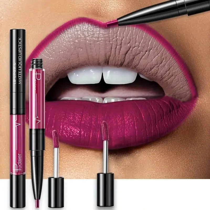 Frost Glow Cosmetics lip liner and matte liquid lipstick on beautifully defined lips, showcasing deep burgundy shades.