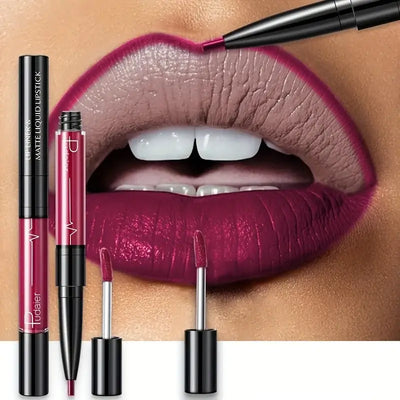 Frost Glow Cosmetics lip liner and matte liquid lipstick on beautifully defined lips, showcasing deep burgundy shades.