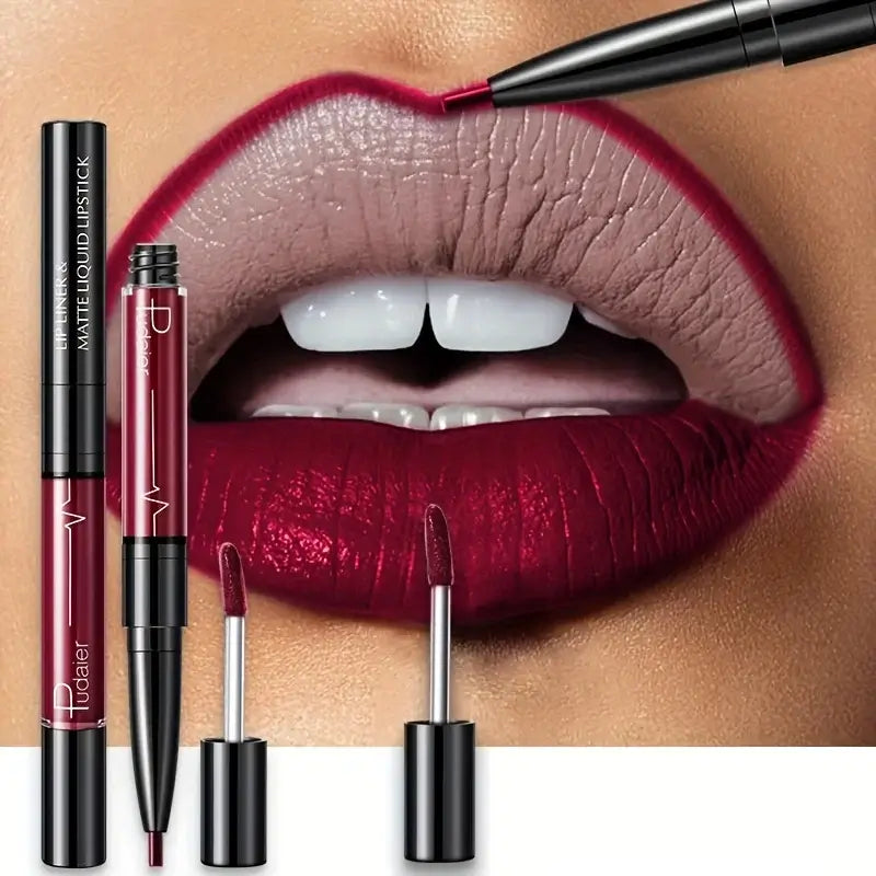 Frost Glow Cosmetics lip liner and matte liquid lipstick on beautifully defined lips, showcasing deep burgundy shades.