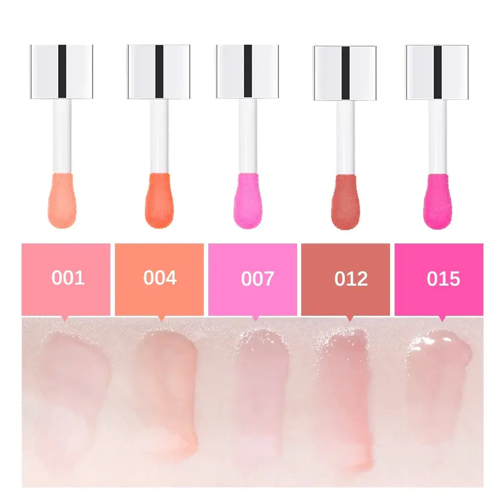 Frost Glow Cosmetics lip oil balms in pink, coral, and berry shades on a pink background.