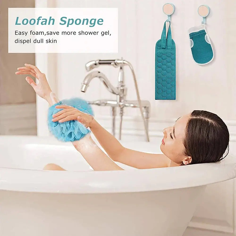 Complete exfoliating set with back scrubber, bath glove & loofah sponge. Smooth, cleanse & refresh skin for a spa-like shower.