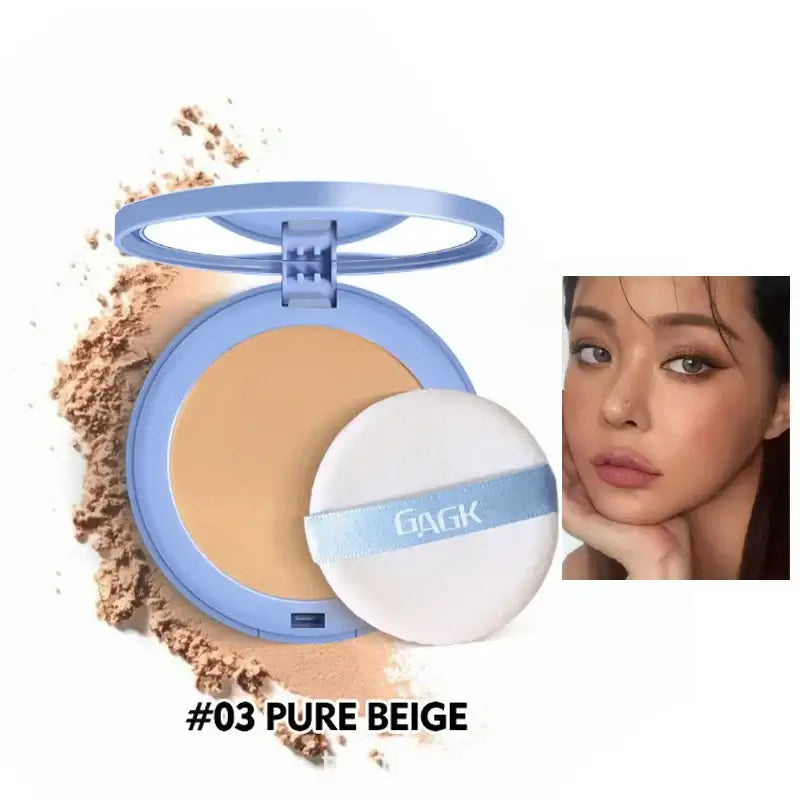 Frost Glow Cosmetics Loose Powder shades: #01 Classic Ivory, #02 Natural Beige, #03 Pure Beige displayed with models.