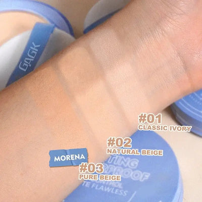 Frost Glow Cosmetics Loose Powder shades: #01 Classic Ivory, #02 Natural Beige, #03 Pure Beige displayed with models.