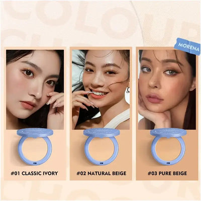 Frost Glow Cosmetics Loose Powder shades: #01 Classic Ivory, #02 Natural Beige, #03 Pure Beige displayed with models.