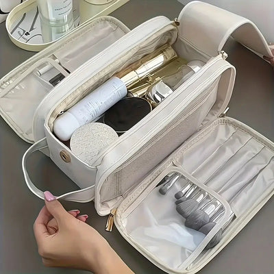 Luxury PU makeup pouch with large capacity. Multi-functional, odorless & portable cosmetic organizer for travel & daily use. Shop Frost Glow Cosmetics.