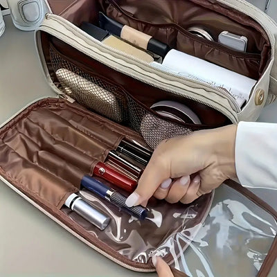 Luxury PU makeup pouch with large capacity. Multi-functional, odorless & portable cosmetic organizer for travel & daily use. Shop Frost Glow Cosmetics.