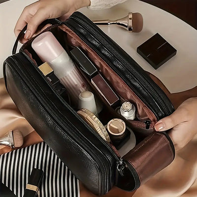 Luxury PU makeup pouch with large capacity. Multi-functional, odorless & portable cosmetic organizer for travel & daily use. Shop Frost Glow Cosmetics.