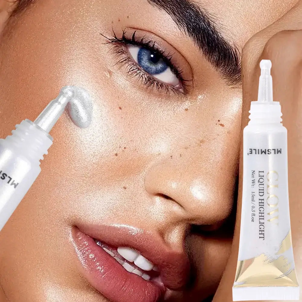 Model showcasing Frost Glow liquid highlighter with radiant skin and glossy makeup look.