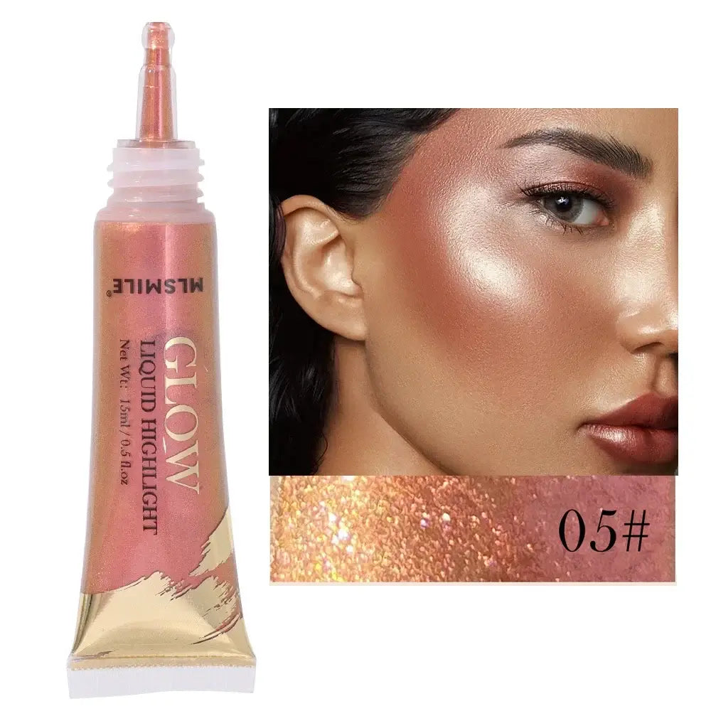 Liquid highlighter tube with shimmering pearlescent glow, showcasing application on skin for a bright, radiant look.