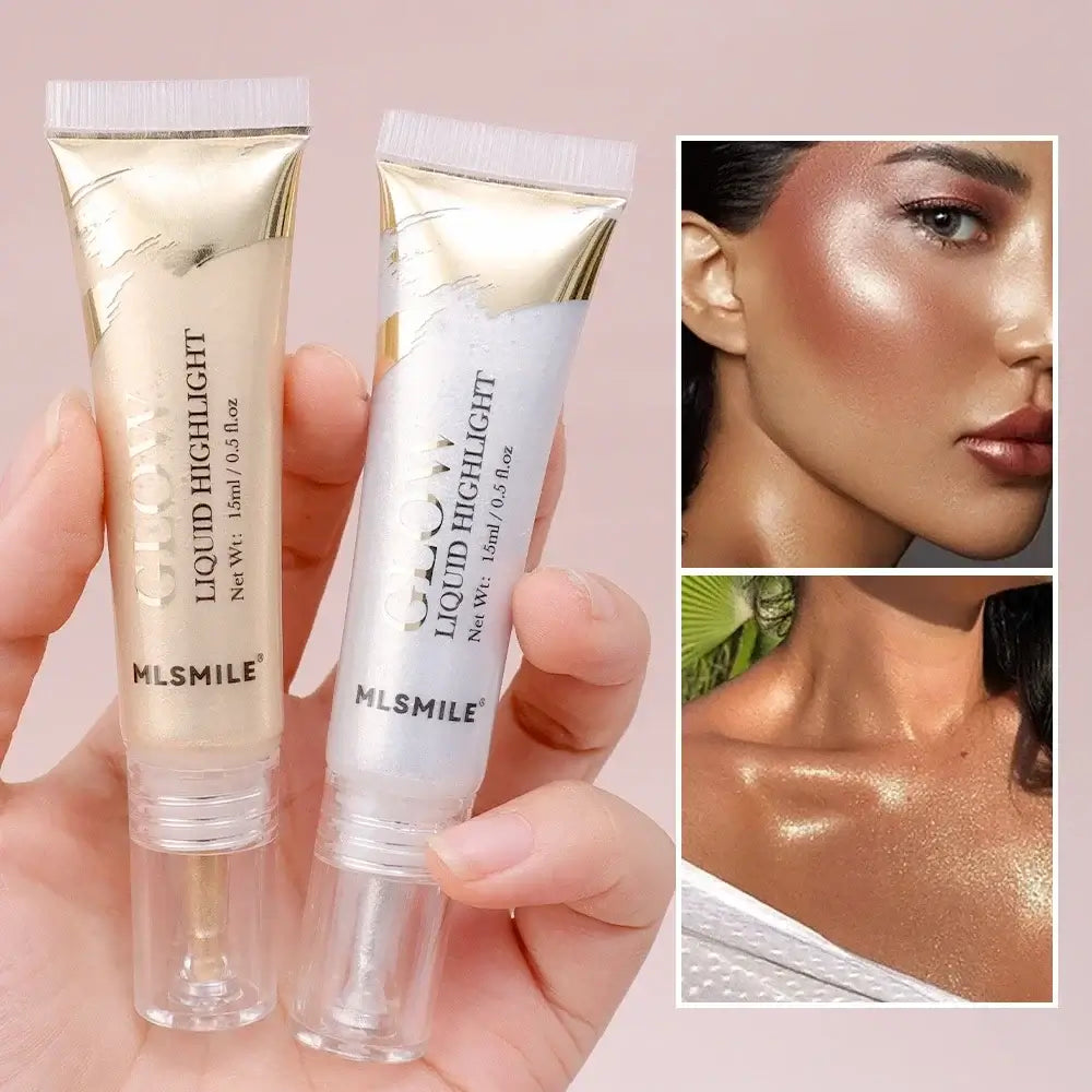 Model showcasing Frost Glow liquid highlighter with radiant skin and glossy makeup look.