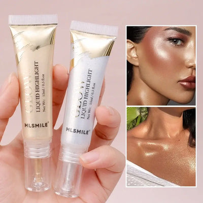 Model showcasing Frost Glow liquid highlighter with radiant skin and glossy makeup look.