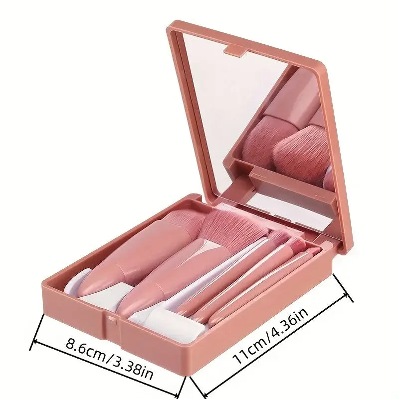 Compact 5pcs portable makeup brush set with foldable mirror. Perfect for travel touch-ups. Shop beauty tools at Frost Glow Cosmetics today!