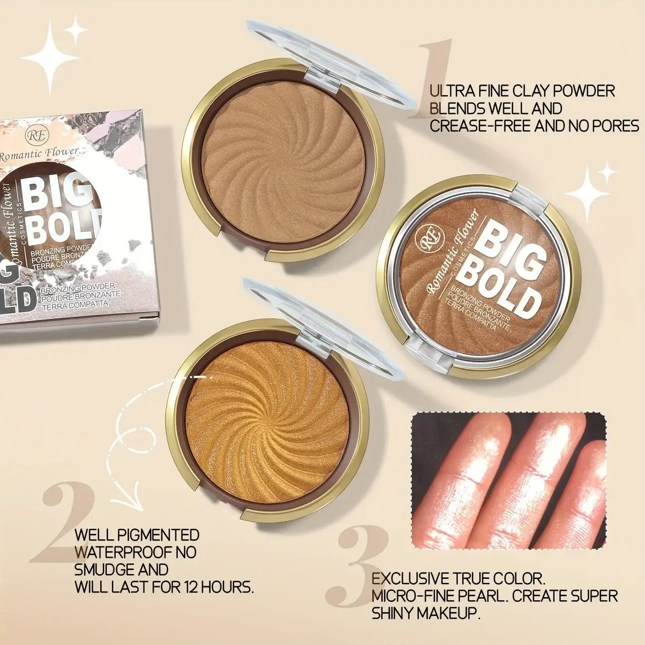 Frost Glow Cosmetics Pressed Powder with bronzer and highlighter showcased with models demonstrating a radiant glow.